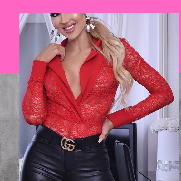 TWENTYTWO26 Tops - Last one! 🎉Red Collared Lace Bodysuit